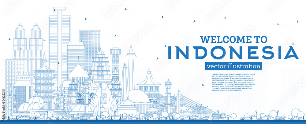 Outline Welcome to Indonesia Skyline with Blue Buildings.