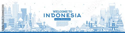 Outline Welcome to Indonesia Skyline with Blue Buildings.
