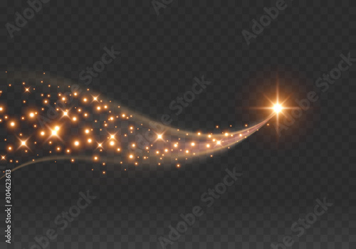 Gold star isolated on transparent background. Light glow effect sparkles wave. Vector golden sparkling comet tail.
