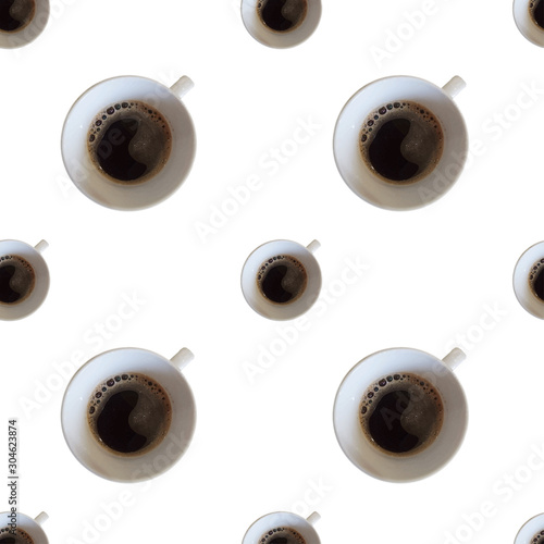 Vector seamless pattern with top veiw cup of coffee on a white background