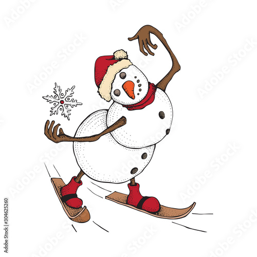 Funny Snowman skiing. Cute winter holiday. Character in a hat and knitted scarf catches a snowflake. Hand drawn doodle illustration isolated on white background. Merry Christmas and happy new year