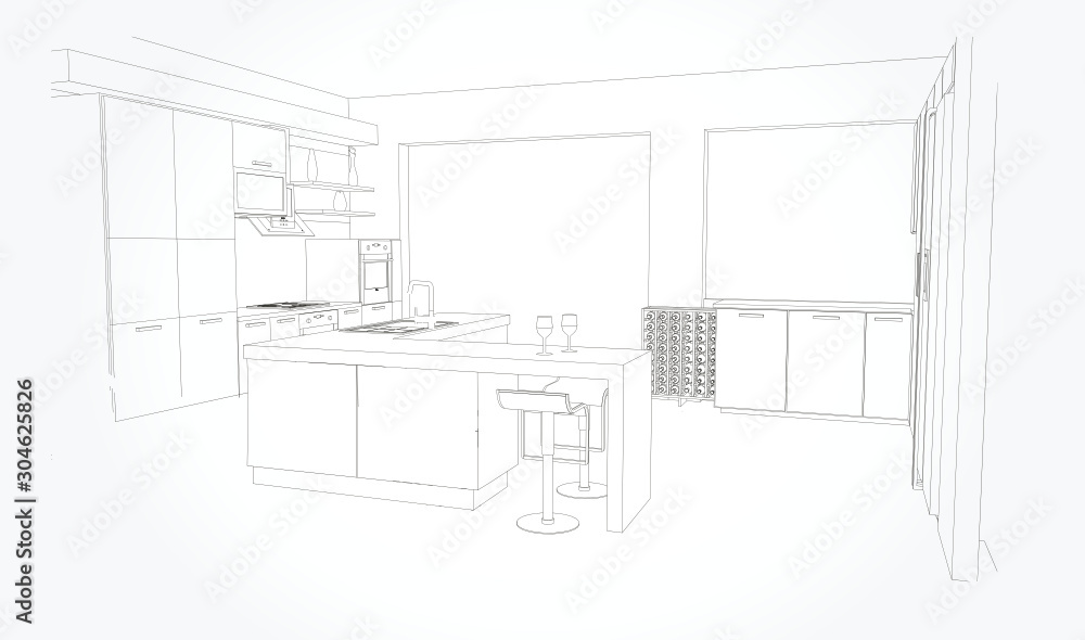 Fototapeta premium Linear sketch of an interior. Sketch Line dining room . Vector illustration.outline sketch drawing perspective of a interior space