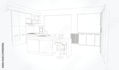 Linear sketch of an interior. Sketch Line dining room . Vector illustration.outline sketch drawing perspective of a interior space