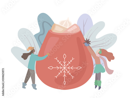 Flat illustration of eggnog with small girls. Christmas treat with mashmallow. Holiday hot drink with lovely people. Vector picture for cards, banners, prints on labels and your creativity.