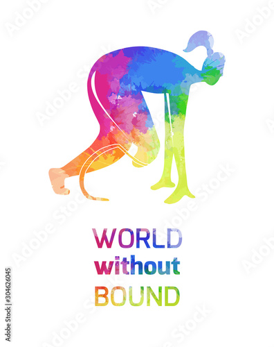 International Day of Persons with Disabilities. World without bounds. Sportswoman with prosthesis running sprint. Girl silhouette with lettering and watercolor rainbow background. Poster and banner