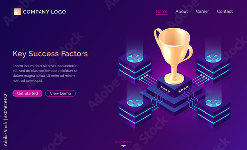 Key success factors, isometric business concept vector. Gold trophy cup on pedestal with traffic server connections, database neon icons on purple banner. Computing analytical service for winner