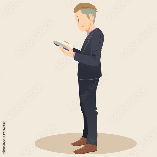 Business man reading books. Book lover, reader, isolated on background. Flat cartoon vector illustration.