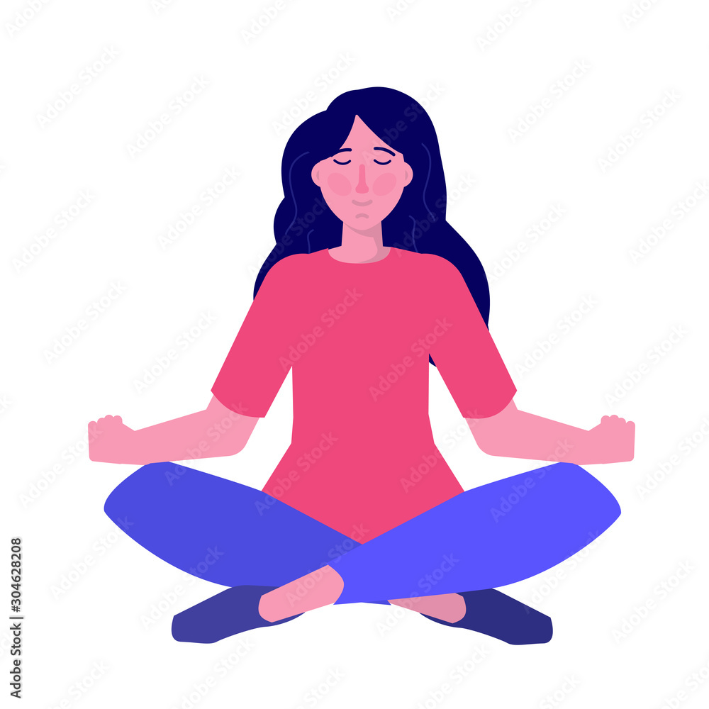 Inner control concept. Finding inner peace. Carefree calm woman meditating. Vector illustration