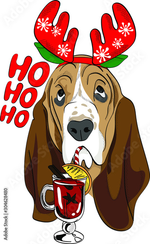 Cute Basset Hound Dog  in deer horns with mulled wine. Christmas card, poster, t-shirt composition, hand drawn style print.  Ho ho ho - lettering. Vector illustration.