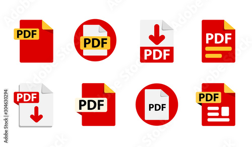 Collection of vector icons PDF. File format extensions icons. 8 different design options. Circle buttons. flat design style