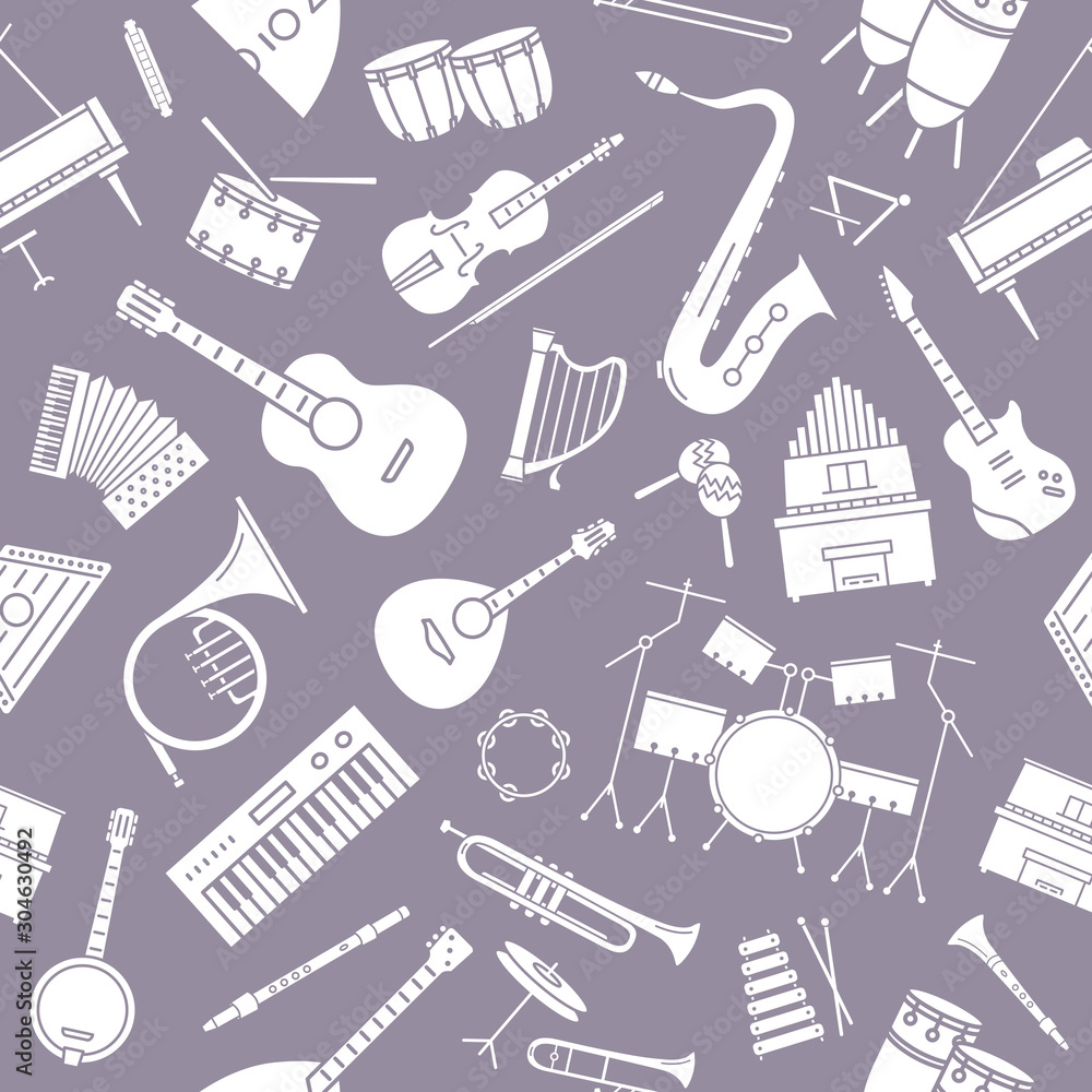 Music instruments background - Vector seamless pattern solid ...