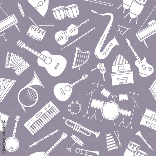 Music instruments background - Vector seamless pattern solid silhouettes of string, guitar, piano, keyboard, wind, percussion, drum, for graphic design