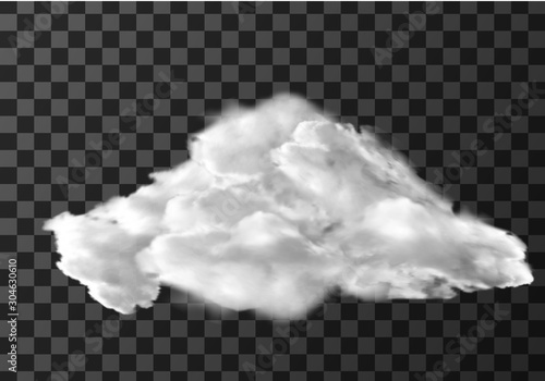 White cloud, weather meteo icon realistic vector illustration. Fluffy cumulus cloud, isolated on transparent background. Realistic element for weather forecast