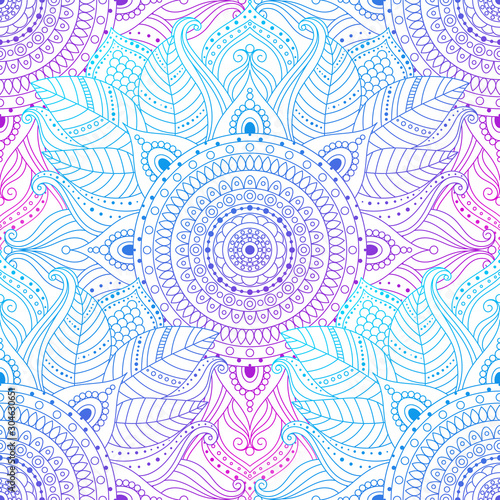 Seamless oriental arabesque pattern. Laced decorative floral background with circular ornament, gradient mandala. Mosaic tiles boho, gypsy, ethnic design in vector, Indian or Arabic motifs.