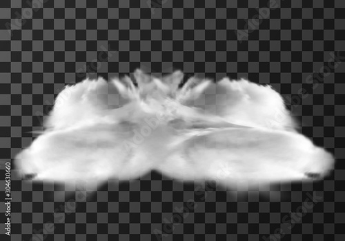 White cloud, weather meteo icon realistic vector illustration. Fluffy cumulus cloud, isolated on transparent background. Realistic element for weather forecast