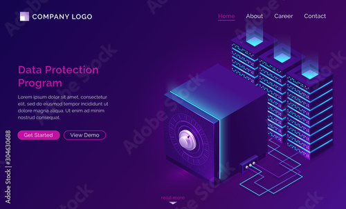 Data protection program, isometric concept vector illustration. Server racks and digital safe for secure information storage, protection against hacking, breaking and personal data stealing