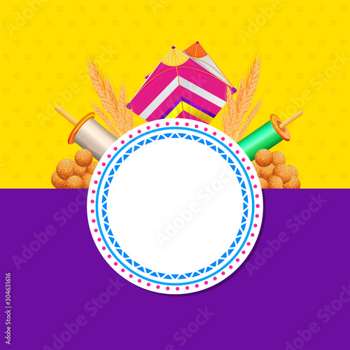 Indian sweet (Laddu) with kite, string spool, wheat ear and empty circular frame given for your message on yellow and purple background for Happy Makar Sankranti.