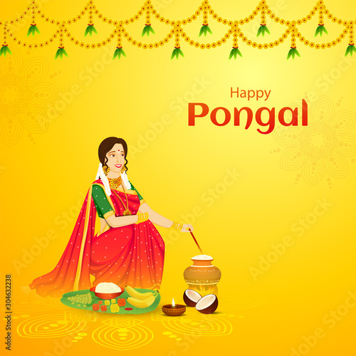 Happy Pongal celebration greeting card design, beautiful woman stirring rice in mud pot with fruit, banana leaf and illuminated oil lamp (Diya) on yellow background.