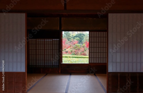 A perspective from inside a traditional Japanese tatami room with view of fiery maple trees in a Japanese garden behind the sliding screen doors ( shoji ) in Kyoto, Japan