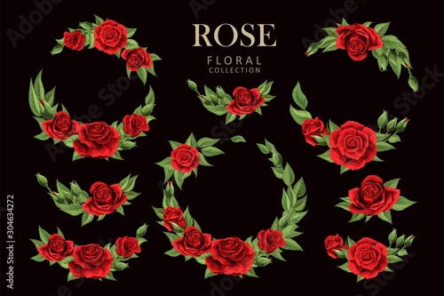 Red roses hand drawn illustration elements colored set isolated on dark