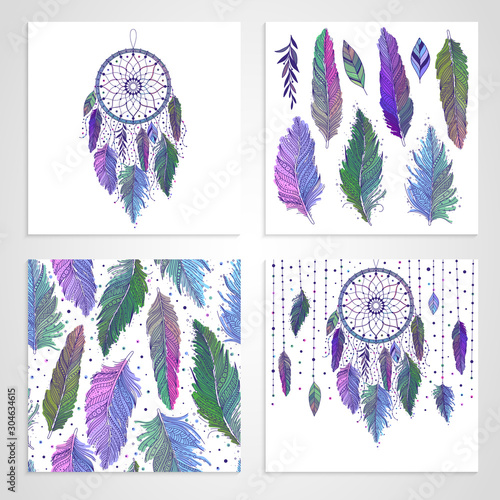 Vibrant hand drawn pink, blue, green feathers and dreamcatchers, set of cards and seamless pattern with floral details, vector illustration boho design, can be used for invitation, postcard.