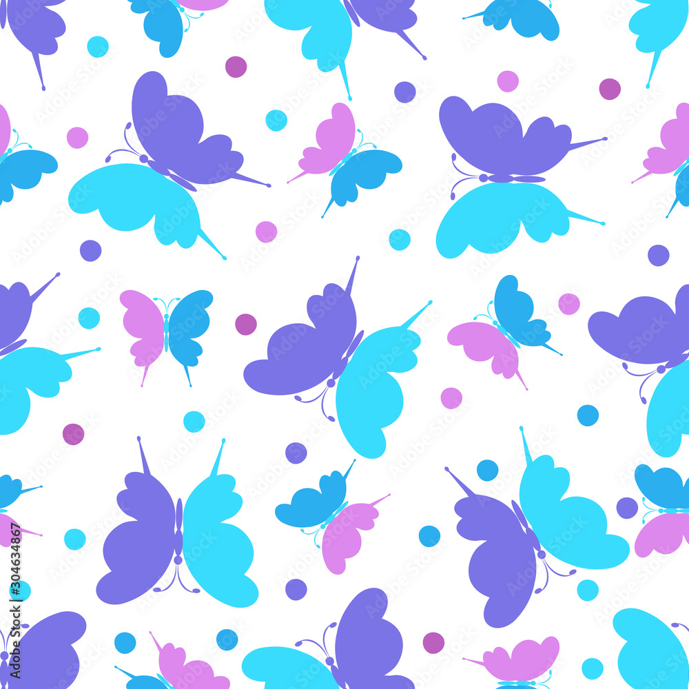 Seamless pattern with butterfly ornament in purple,  pink and light blue pink tones on a white background