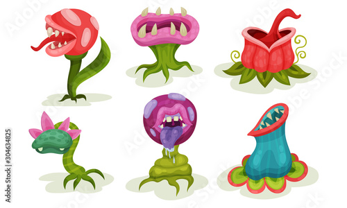 Set of predatory flowers and plants. Vector illustration.