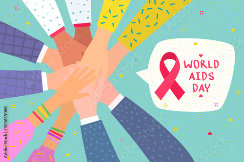 World Aids Day concept. Hands with hearts and symbol of red ribbon.