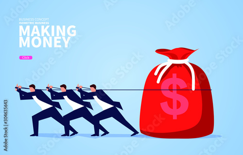 Three businessmen pulling a huge purse
