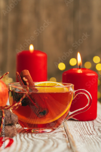 Beautiful composition with glint wine cup and ingridients on wooden table