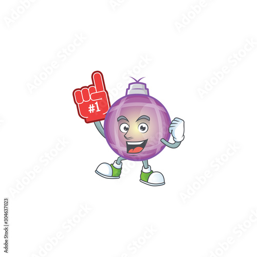 Yellow christmas ball cartoon with mascot foam finger.
