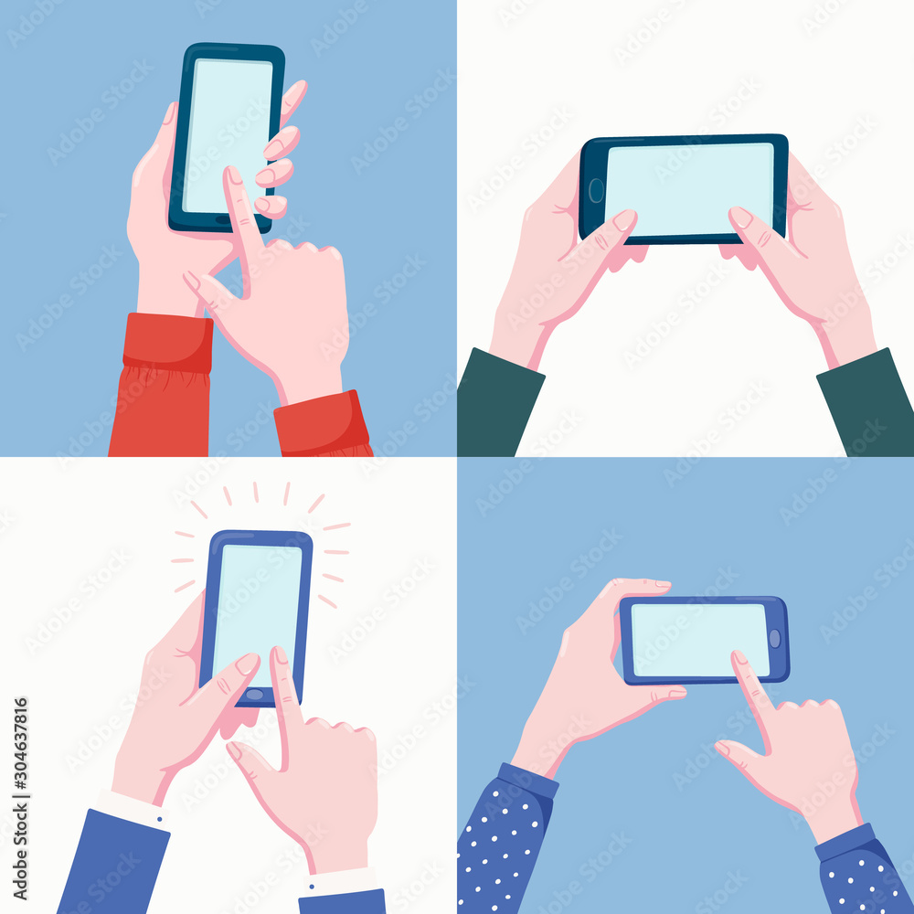 Set of pairs of human hands holding mobile phone, smartphone, cellphone  with blank screen, tapping screen with finger, typing, flat cartoon vector  illustration isolated on white background Stock Vector | Adobe Stock