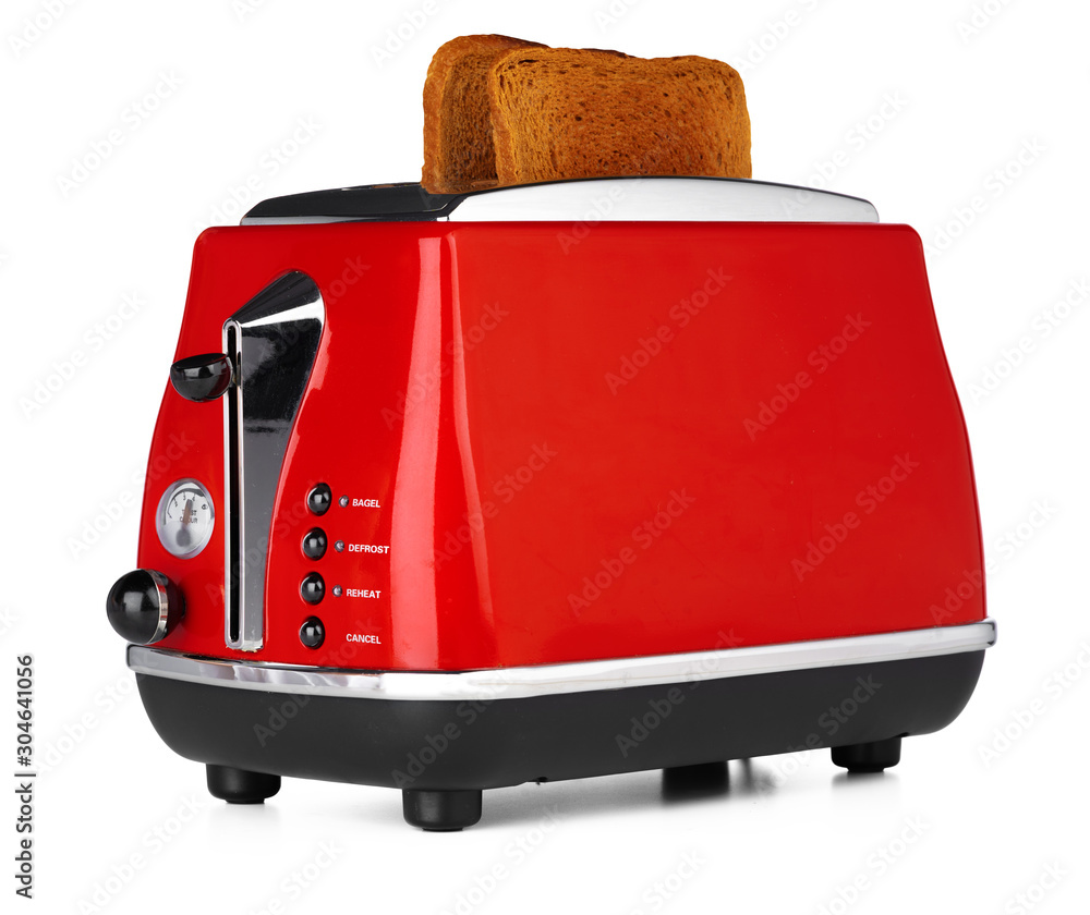 Stylish red toster for bread isolated on white background - obrazy, fototapety, plakaty 