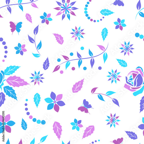 Seamless pattern with openwork floral ornament in purple, pink and light blue pink tones on a white background