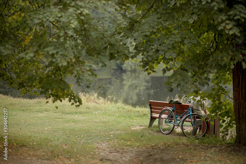 Wallpaper Mural blue bicycle stands in a park by the pond next to the bench Torontodigital.ca
