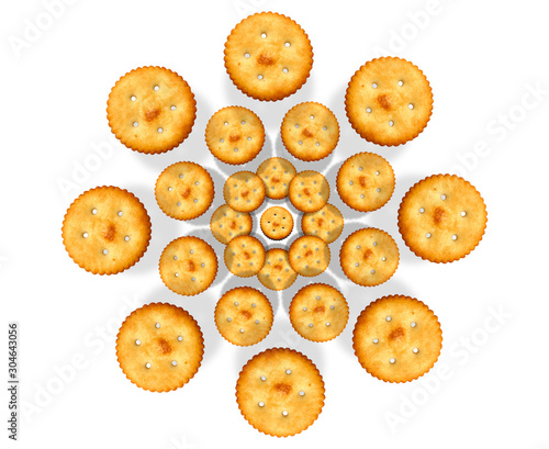 Salty biscuits crackers top view pattern on red background