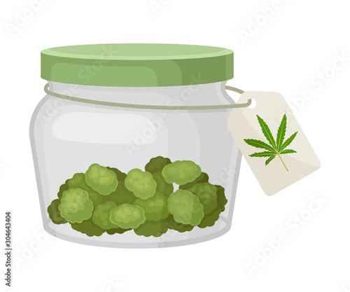 Cannabis Dried Weed Stored in Plastic Bottle With Closed Cap Vector Illustration