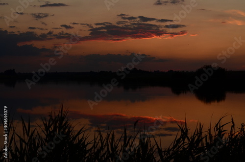 Sunset grass on river sunset landscape photo