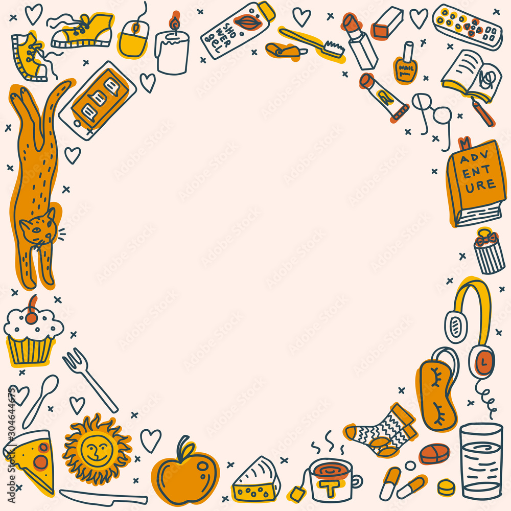 Square frame with everyday objects doodles Square frame with everyday objects doodles