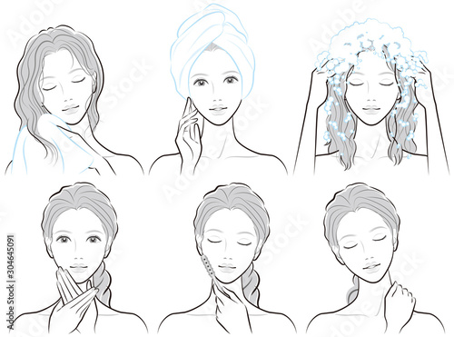 ヘアケアとスキンケアをしている女性のイラスト