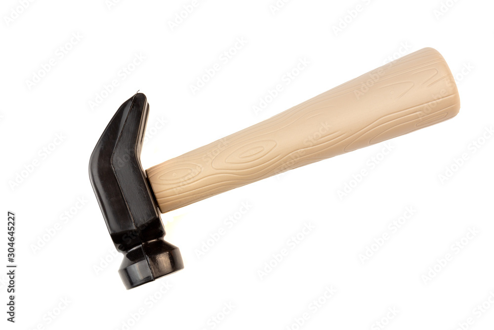 Toy hammer with handle in a flat lay view cut out on white background. Toy hammer with handle in a flat lay view cut out on white background.