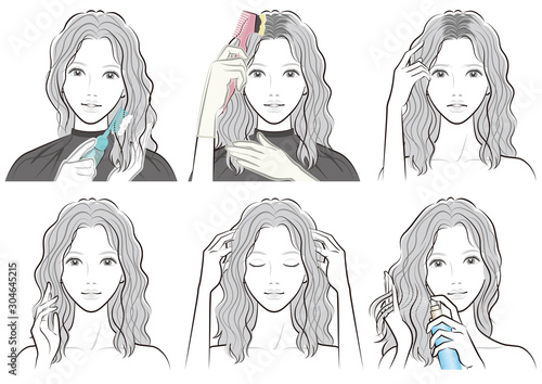 ヘアケアをしている女性のイラスト