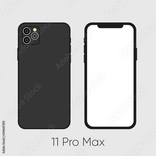 Newly released Black Smartphone 11 Pro, frond and back sides isolated on gray. Vector Illustration  photo