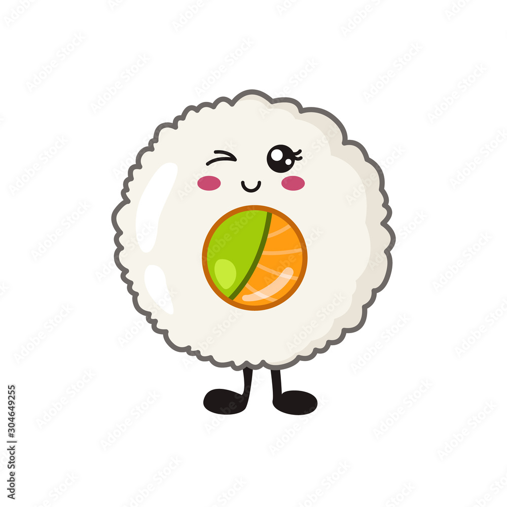 Obraz premium Kawaii sushi, rolls, sashimi - isolated single icon on white background, traditional Japanese or Asian cuisine and food, decoration for social networks of a restaurant or bar, cute cartoon emoji