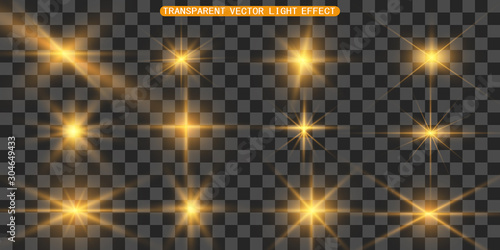 Set of gold bright beautiful stars. Light effect Bright Star. Beautiful light for illustration. Christmas star. White sparks sparkle with a special light. Vector sparkles on transparent background