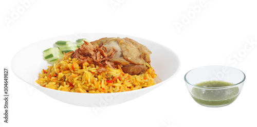 muslim rice with chicken and spicy sauce on white background, Muslim food in ceramic dish