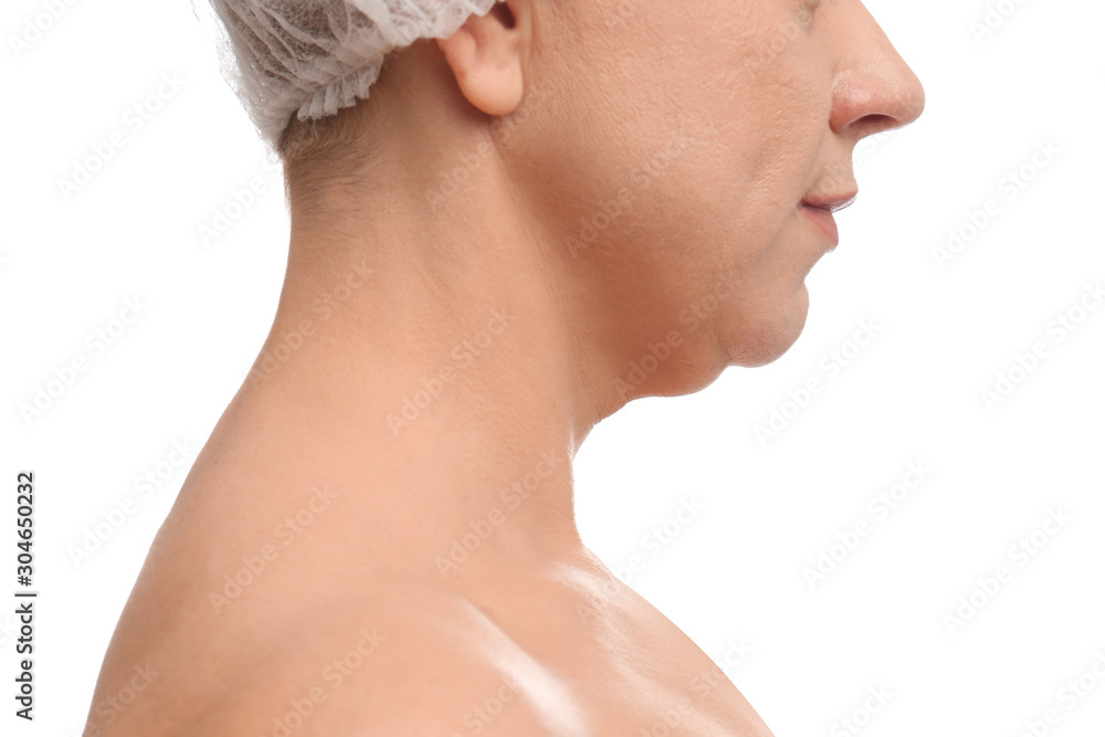 Mature woman with double chin on white background, closeup Mature woman with double chin on white background, closeup