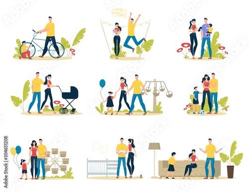 Happy Family Recreation Flat Vector Scenes Set