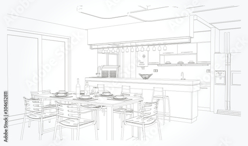 Linear sketch of an interior. Living room plan. Sketch Line sofa set. Vector illustration.outline sketch drawing perspective of a interior space.