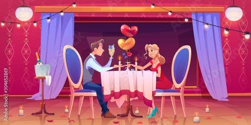 Couple romantic dinner in restaurant, man and woman in love sitting at served table with burning candles drinking champagne, heart shaped balloons and flower petals around. Cartoon vector illustration